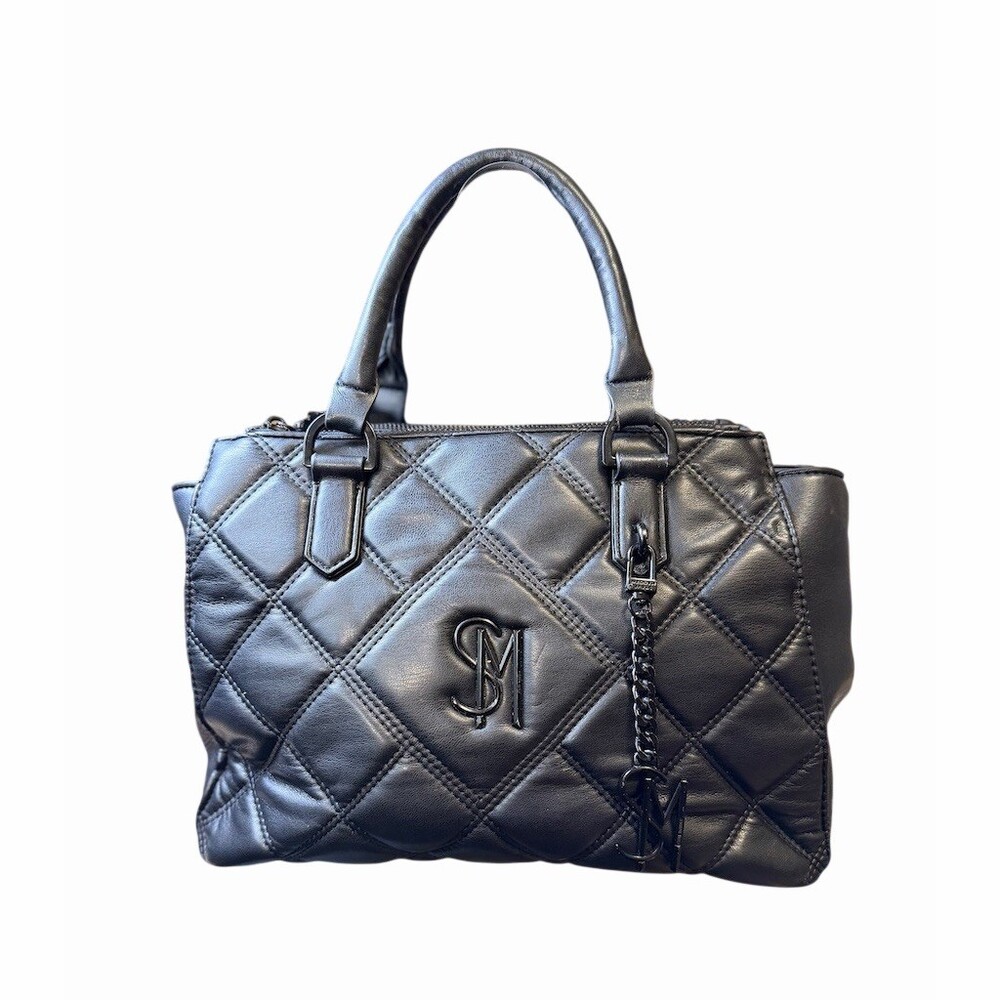 Steve Madden Satchel Top Handle Handbag Womens Medium Black Quilted Zip